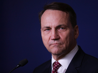 Polish Minister of Foreign Affairs Radoslaw Sikorski holds a press briefing after a meeting involving the EU Big Five and the UK Ministers o...