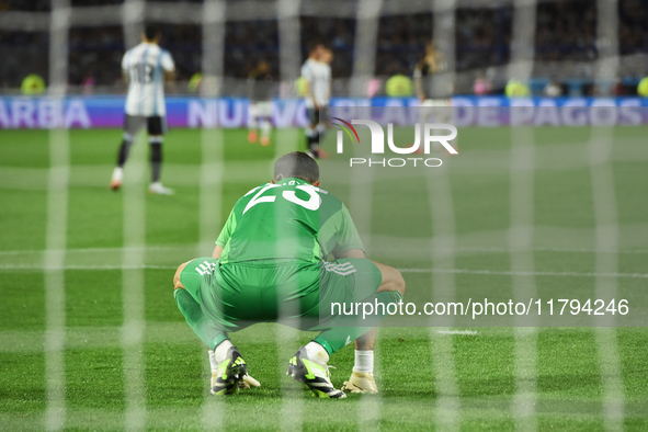 Emiliano Martinez of Argentina waits for the beginning of the match between Argentina and Peru at Alberto J. Armando - La Bombonera Stadium...