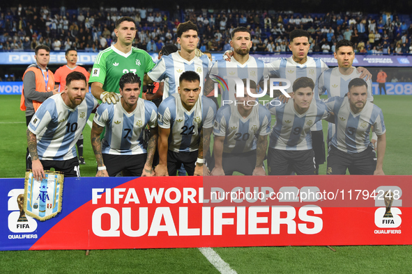 Players of Argentina stand before the match between Argentina and Peru at Alberto J. Armando - La Bombonera Stadium in Buenos Aires, Argenti...