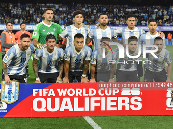 Players of Argentina stand before the match between Argentina and Peru at Alberto J. Armando - La Bombonera Stadium in Buenos Aires, Argenti...