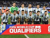 Players of Argentina stand before the match between Argentina and Peru at Alberto J. Armando - La Bombonera Stadium in Buenos Aires, Argenti...