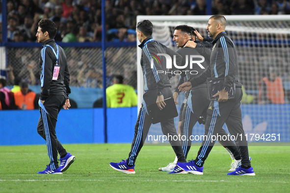 Lionel Scaloni and his assistant coaches celebrate the win after the match between Argentina and Peru at Alberto J. Armando - La Bombonera S...