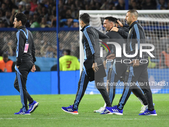 Lionel Scaloni and his assistant coaches celebrate the win after the match between Argentina and Peru at Alberto J. Armando - La Bombonera S...