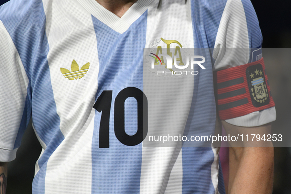 Lionel Messi's t-shirt is worn during the match between Argentina and Peru at Alberto J. Armando - La Bombonera Stadium in Buenos Aires, Arg...