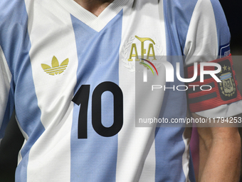 Lionel Messi's t-shirt is worn during the match between Argentina and Peru at Alberto J. Armando - La Bombonera Stadium in Buenos Aires, Arg...