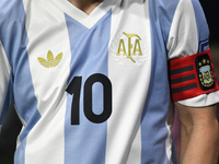 Lionel Messi's t-shirt is worn during the match between Argentina and Peru at Alberto J. Armando - La Bombonera Stadium in Buenos Aires, Arg...