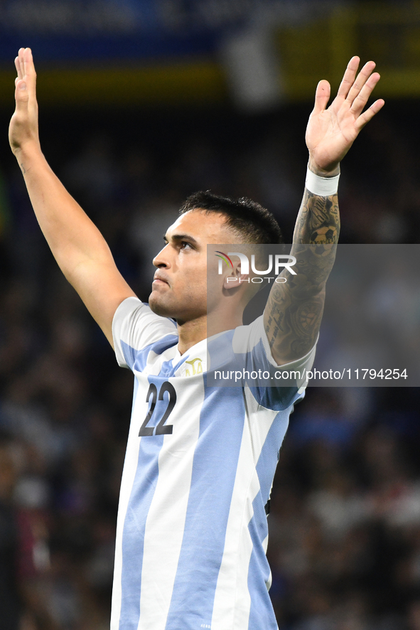 Lautaro Martinez of Argentina celebrates his goal during the match between Argentina and Peru at Alberto J. Armando - La Bombonera Stadium,...