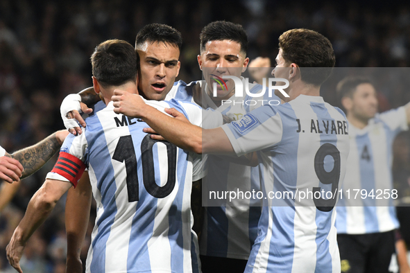 Lautaro Martinez, Lionel Messi, Enzo Fernandez, and Julian Alvarez of Argentina celebrate their team's goal during the match between Argenti...