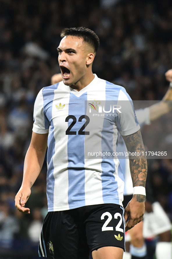 Lautaro Martinez of Argentina celebrates his goal during the match between Argentina and Peru at Alberto J. Armando - La Bombonera Stadium,...