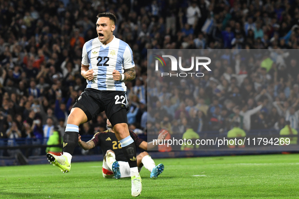 Lautaro Martinez of Argentina celebrates his goal during the match between Argentina and Peru at Alberto J. Armando - La Bombonera Stadium,...