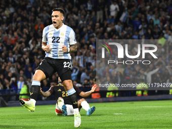 Lautaro Martinez of Argentina celebrates his goal during the match between Argentina and Peru at Alberto J. Armando - La Bombonera Stadium,...