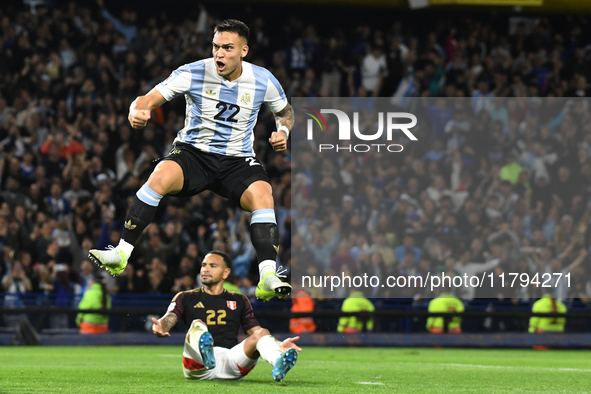 Lautaro Martinez of Argentina celebrates his goal during the match between Argentina and Peru at Alberto J. Armando - La Bombonera Stadium,...