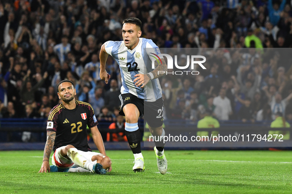 Lautaro Martinez of Argentina celebrates his goal during the match between Argentina and Peru at Alberto J. Armando - La Bombonera Stadium,...