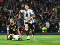 Lautaro Martinez of Argentina celebrates his goal during the match between Argentina and Peru at Alberto J. Armando - La Bombonera Stadium,...