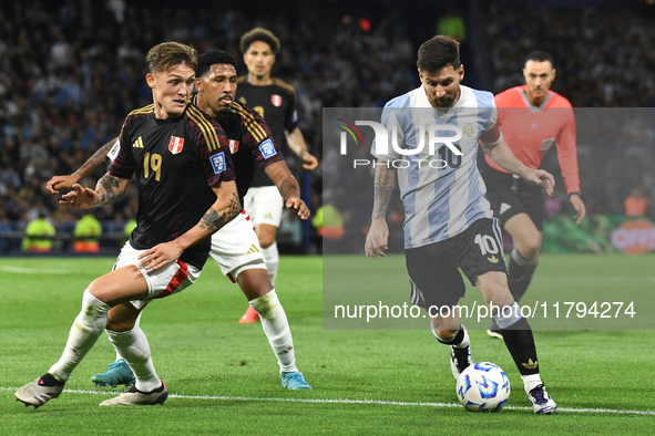 Lionel Messi of Argentina plays during the match between Argentina and Peru at Alberto J. Armando - La Bombonera Stadium, in Buenos Aires, A...