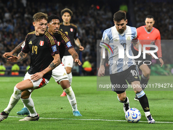 Lionel Messi of Argentina plays during the match between Argentina and Peru at Alberto J. Armando - La Bombonera Stadium, in Buenos Aires, A...