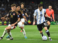 Lionel Messi of Argentina plays during the match between Argentina and Peru at Alberto J. Armando - La Bombonera Stadium, in Buenos Aires, A...