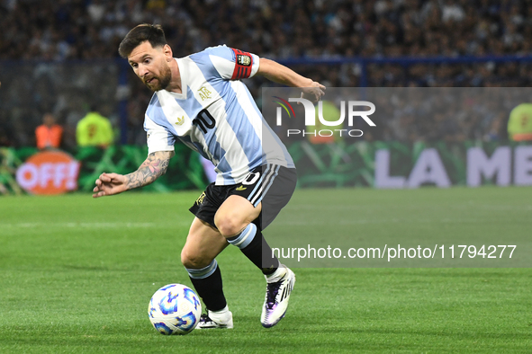 Lionel Messi of Argentina plays during the match between Argentina and Peru at Alberto J. Armando - La Bombonera Stadium, in Buenos Aires, A...