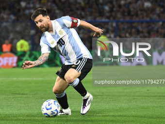 Lionel Messi of Argentina plays during the match between Argentina and Peru at Alberto J. Armando - La Bombonera Stadium, in Buenos Aires, A...