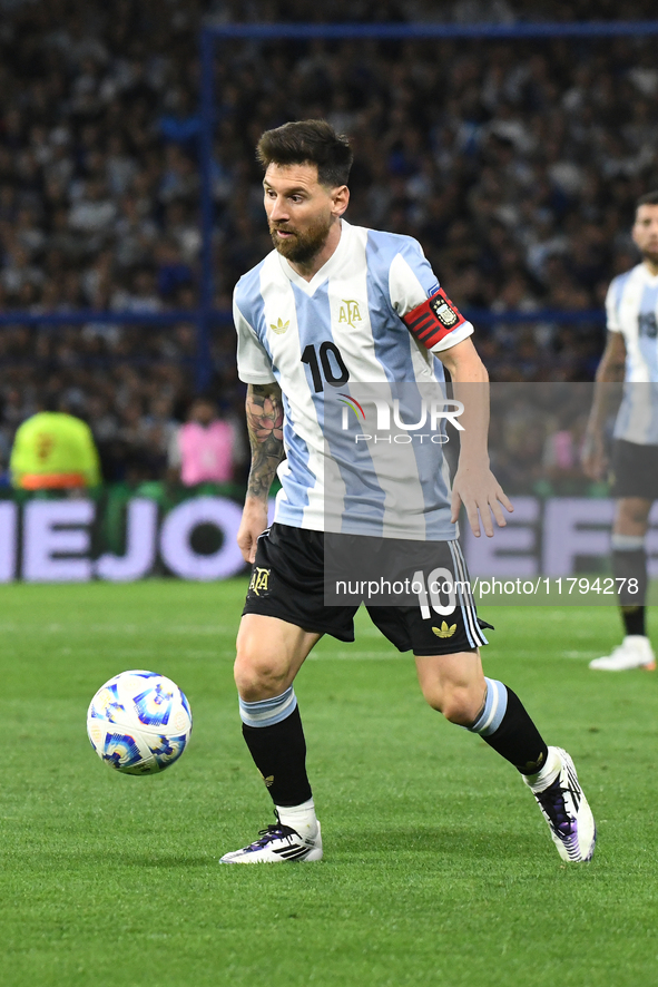 Lionel Messi of Argentina plays during the match between Argentina and Peru at Alberto J. Armando - La Bombonera Stadium, in Buenos Aires, A...