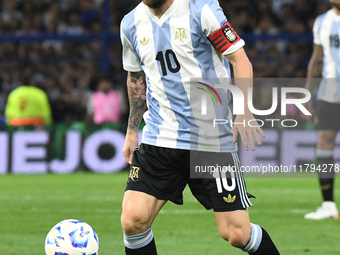 Lionel Messi of Argentina plays during the match between Argentina and Peru at Alberto J. Armando - La Bombonera Stadium, in Buenos Aires, A...