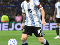 Lionel Messi of Argentina plays during the match between Argentina and Peru at Alberto J. Armando - La Bombonera Stadium, in Buenos Aires, A...