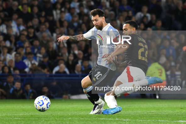 Lionel Messi of Argentina plays during the match between Argentina and Peru at Alberto J. Armando - La Bombonera Stadium, in Buenos Aires, A...