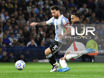 Lionel Messi of Argentina plays during the match between Argentina and Peru at Alberto J. Armando - La Bombonera Stadium, in Buenos Aires, A...