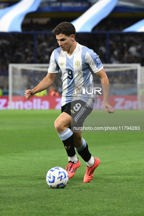 Julian Alvarez of Argentina plays during the match between Argentina and Peru at Alberto J. Armando - La Bombonera Stadium in Buenos Aires,...