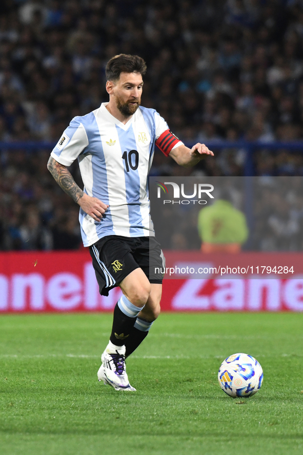 Lionel Messi of Argentina plays during the match between Argentina and Peru at Alberto J. Armando - La Bombonera Stadium, in Buenos Aires, A...