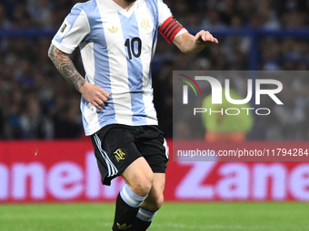 Lionel Messi of Argentina plays during the match between Argentina and Peru at Alberto J. Armando - La Bombonera Stadium, in Buenos Aires, A...