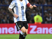 Lionel Messi of Argentina plays during the match between Argentina and Peru at Alberto J. Armando - La Bombonera Stadium, in Buenos Aires, A...