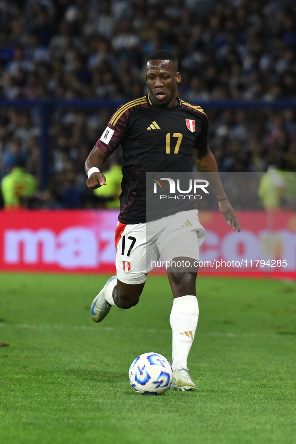 Luis Advincula of Peru participates in the match between Argentina and Peru at Alberto J. Armando - La Bombonera Stadium in Buenos Aires, Ar...