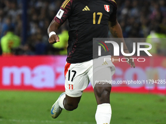 Luis Advincula of Peru participates in the match between Argentina and Peru at Alberto J. Armando - La Bombonera Stadium in Buenos Aires, Ar...