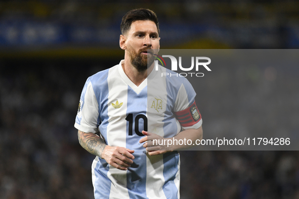 Lionel Messi of Argentina plays during the match between Argentina and Peru at Alberto J. Armando - La Bombonera Stadium, in Buenos Aires, A...