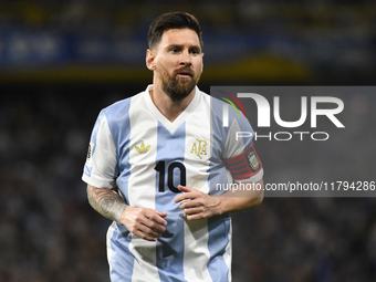 Lionel Messi of Argentina plays during the match between Argentina and Peru at Alberto J. Armando - La Bombonera Stadium, in Buenos Aires, A...