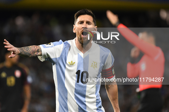 Lionel Messi of Argentina plays during the match between Argentina and Peru at Alberto J. Armando - La Bombonera Stadium, in Buenos Aires, A...