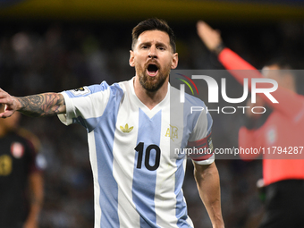 Lionel Messi of Argentina plays during the match between Argentina and Peru at Alberto J. Armando - La Bombonera Stadium, in Buenos Aires, A...