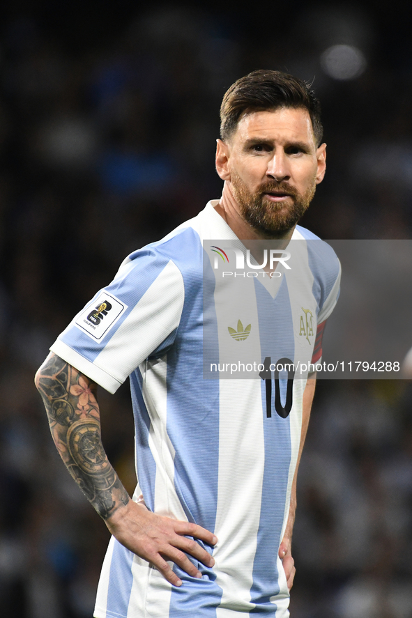 Lionel Messi of Argentina plays during the match between Argentina and Peru at Alberto J. Armando - La Bombonera Stadium, in Buenos Aires, A...