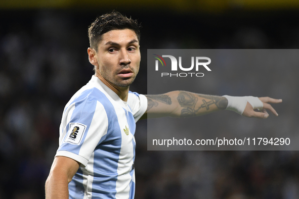 Gonzalo Montiel of Argentina plays during the match between Argentina and Peru at Alberto J. Armando - La Bombonera Stadium in Buenos Aires,...