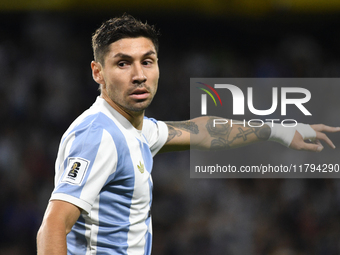 Gonzalo Montiel of Argentina plays during the match between Argentina and Peru at Alberto J. Armando - La Bombonera Stadium in Buenos Aires,...