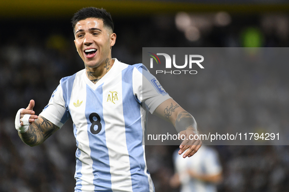 Enzo Fernandez of Argentina plays during the match between Argentina and Peru at Alberto J. Armando - La Bombonera Stadium in Buenos Aires,...