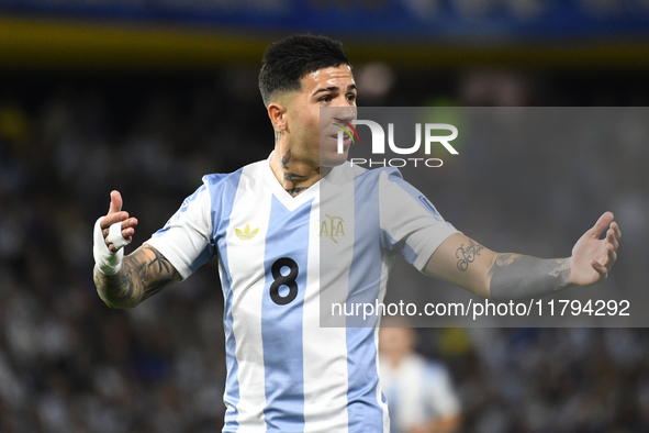 Enzo Fernandez of Argentina plays during the match between Argentina and Peru at Alberto J. Armando - La Bombonera Stadium in Buenos Aires,...