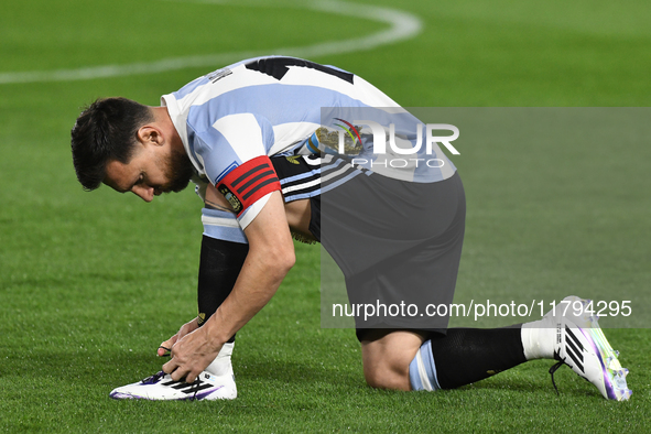 Lionel Messi of Argentina prepares for the match between Argentina and Peru at Alberto J. Armando - La Bombonera Stadium, in Buenos Aires, A...