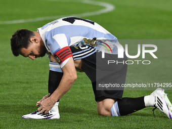 Lionel Messi of Argentina prepares for the match between Argentina and Peru at Alberto J. Armando - La Bombonera Stadium, in Buenos Aires, A...