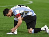 Lionel Messi of Argentina prepares for the match between Argentina and Peru at Alberto J. Armando - La Bombonera Stadium, in Buenos Aires, A...