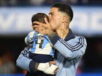 Enzo Fernandez of Argentina stands during the national anthems ceremony before the match between Argentina and Peru at Alberto J. Armando -...