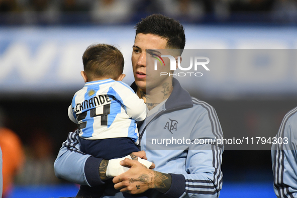 Enzo Fernandez of Argentina stands during the national anthems ceremony before the match between Argentina and Peru at Alberto J. Armando -...