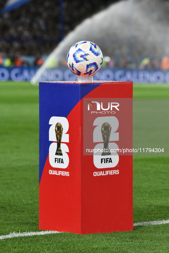 The match ball is present before the match between Argentina and Peru at Alberto J. Armando - La Bombonera Stadium, in Buenos Aires, Argenti...