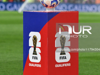 The match ball is present before the match between Argentina and Peru at Alberto J. Armando - La Bombonera Stadium, in Buenos Aires, Argenti...